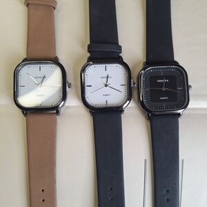 Geneva Classic Square Quartz Watch - Black & Tan Straps - 3 Watches